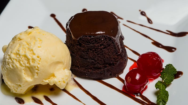 Chocolate fondant with pistachio gelato at Pizzana